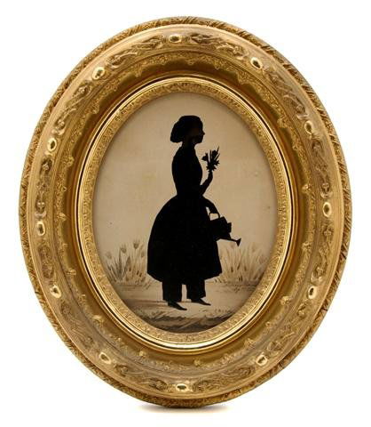 A Silhouette of a Young Girl, Height 8 3/8 x width: A Silhouette of a Young Girl, depicted with a watering can and tulips, "Rebecca Morris Age 13 yrs," having watercolor additions to background, Flemington N.Y. 1840, set in an oval frame. Height 8 3/8
