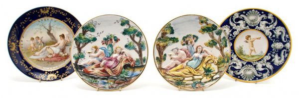 A Royal Vienna Cabinet Plate, Diameter of first 9: A Royal Vienna Cabinet Plate, depicting a woman in a garden with two putti, together with an Italian faience plate and two Capodimonte porcelain plates. Diameter of first 9 1/4 inches. Property from t