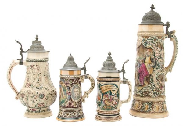 A Collection of Three German Steins, Height of lar: A Collection of Three German Steins, the first having Rococo and cupid decoration surrounding a tavern scene, the second with a horse and cavalier, the third having a landscape scene flanked by seated
