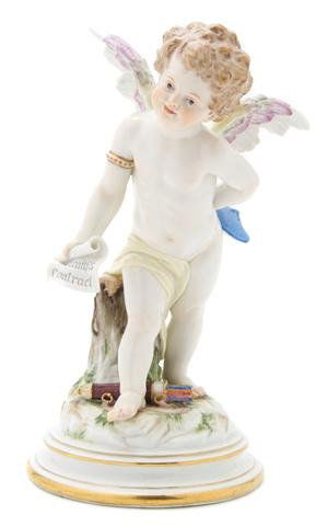 A Meissen Porcelain Figure, Height 10 3/4 inches.: A Meissen Porcelain Figure, depicting a putto holding a scroll reading Eirath's Contract in one hand and a blue heeled shoe behind his back, raised on a circular base, having crossed sword mark in und