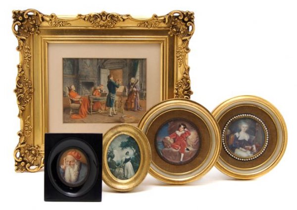 A Group of Four Portrait Miniatures, Height of tal: A Group of Four Portrait Miniatures, together with a framed decorative print of two Bishops in a parlor scene. Height of tallest framed 12 x width 13 inches.