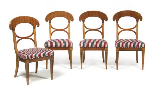 A Set of Four Biedermeier Style Side Chairs, Heigh: A Set of Four Biedermeier Style Side Chairs, each with rounded crest and upholstered seat. Height 36 1/2 inches.