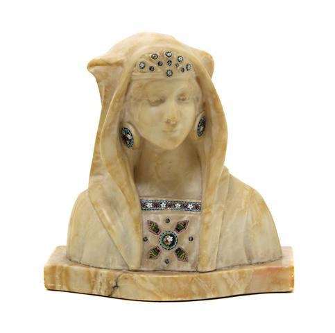 An Italian Alabaster and Micromosaic Inset Bust, H: An Italian Alabaster and Micromosaic Inset Bust, depicting a woman in a headdress, set with polychrome micromosaic decoration. Height 8 3/4.