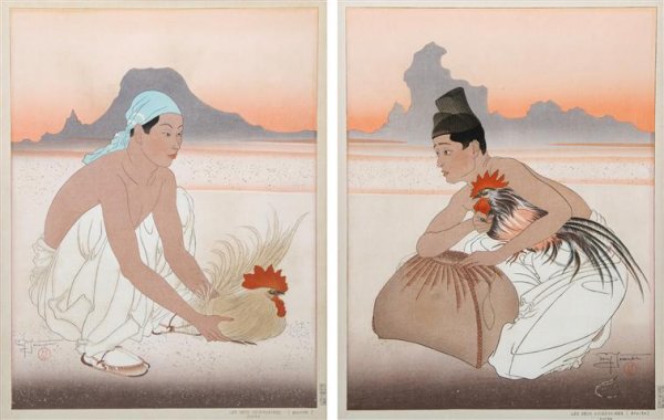 A Pair of Woodblock Prints, Paul Jacoulet (French,: A Pair of Woodblock Prints, Paul Jacoulet (French, 1902-1960), Les Deux Adversaires (droite) Coree, and Les Deux Adversaires (guache) Coree, both with silvered wood frames, cloth mats and archival gla