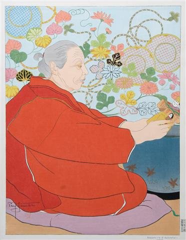 A Woodblock Print, Paul Jacoulet (French, 1902-196: A Woodblock Print, Paul Jacoulet (French, 1902-1960), Souvenirs d'Autrefois, Japon, with silvered wood frame, cloth mat and archival glass. 15 3/8 x 11 3/4 inches. Property of a Lady, Oakbrook, Illino