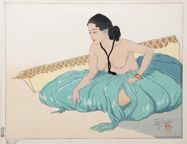 A Woodblock Print, Paul Jacoulet (French, 1902-196: A Woodblock Print, Paul Jacoulet (French, 1902-1960), Sur le Sable, Rhull. Yap, with silvered wood frame, cloth mat and archival glass. 11 3/4 x 15 1/4 inches. Property of a Lady, Oakbrook, Illinois