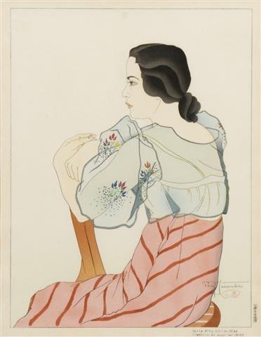 A Woodblock Print, Paul Jacoulet (French, 1902-196: A Woodblock Print, Paul Jacoulet (French, 1902-1960), Melle Rita Sablan-Diaz, Chamorro de Guam, Mariames, with silvered wood frame, cloth mat and archival glass. 15 3/8 x 11 3/4 inches. Property of a 