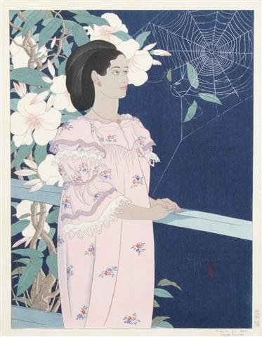 A Woodblock Print, Paul Jacoulet (French, 1902-196: A Woodblock Print, Paul Jacoulet (French, 1902-1960), Fleurs du Soir, Tuck Toloas, with silvered wood frame, cloth mat and archival glass. 15 3/8 x 11 3/4 inches. Property of a Lady, Oakbrook, Illinoi