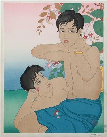 A Woodblock Print, Paul Jacoulet (French, 1902-196: A Woodblock Print, Paul Jacoulet (French, 1902-1960), Le Reveil, Saipan, Marianes, framed with silvered wood frame, cloth mat and archival glass. 15 3/8 x 11 3/4 inches. Property of a Lady, Oakbrook, 