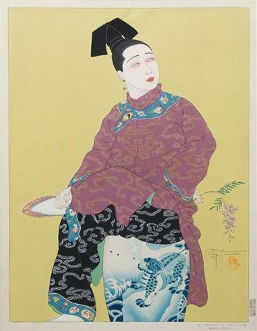 A Woodblock Print, Paul Jacoulet (French, 1902-196: A Woodblock Print, Paul Jacoulet (French, 1902-1960), Le Tabouret de Porcelaine Mandochoukuo, with silvered wood frame, cloth mat and archival glass. 15 3/8 x 11 3/4 inches. Property of a Lady, Oakbro