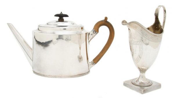 Two English Silver Articles, Hester Bateman, Heigh: Two English Silver Articles, Hester Bateman, the first a teapot, 1789, London, having an oval shape with narrow beaded edges, a straight tapering spout, pearwood handle and ebonized finial; the second