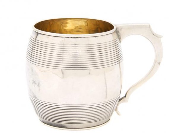 A George III Silver Child's Mug, Peter and William: A George III Silver Child's Mug, Peter and William Bateman, London, 1811, of handled barrel form, with linear ring decoration, monogrammed; approximate total weight 4.12 ozt. Height 2 7/8 inches.
