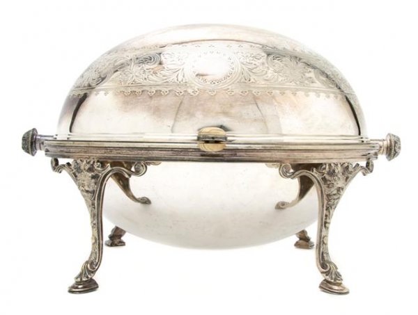 An English Silverplate Bacon Warmer, Width 12 3/4 : An English Silverplate Bacon Warmer, B&G, of typical oval form with well-and-tree insert, with ivory handle. Width 12 3/4 inches.