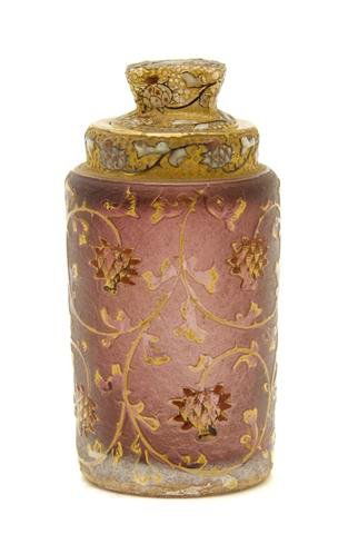 A Daum Enameled Cameo Glass Bottle, Height 3 inch: A Daum Enameled Cameo Glass Bottle, of cylindrical form, with flower decoration, signed Daum Nancy with the Cross of Lorraine. Height 3 inches.
