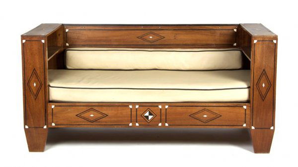 A French Walnut, Ebony and Ivory Inlaid Settee, H: A French Walnut, Ebony and Ivory Inlaid Settee, of squared rectangular form, with geometric inlays throughout, the upholstered seat flanked by shelves. Height 28 x width 58 3/4 x depth 26 1/4 inches.