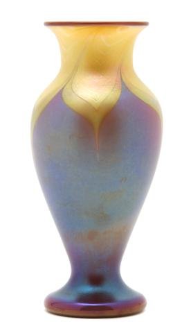 An Orient & Flume Glass Vase, Height 8 1/4 inches: An Orient & Flume Glass Vase, of gold iridescent and amethyst decoration, signed and dated 1977. Height 8 1/4 inches.