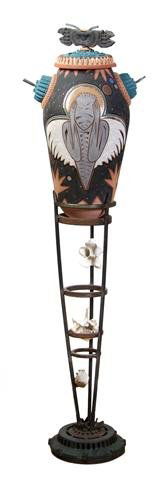 A Ceramic, Steel and Bone Sculpture, Height overa: A Ceramic, Steel and Bone Sculpture, the lidded amphora form vessel decorated with a stylized winged figure, impressed with a backwards 1540, the tripod stand constructed out of threaded rods centered