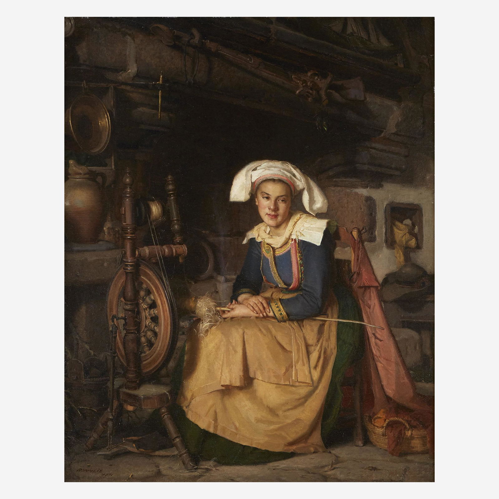 Robert Wylie (American, 1839–1877) La Fileuse: Robert Wylie (American, 1839–1877) La Fileuse Bretonne (The Spinner) Signed and dated 'R. WYLIE/1871' bottom left, oil on canvas32 x 25 5/8 in. (81.3 x 65.1cm) Provenance Private Collection, Co