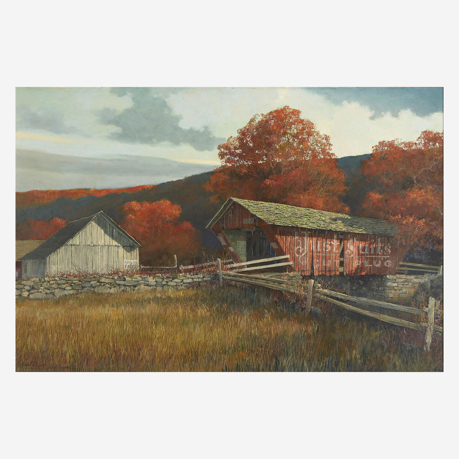 Eric Sloane (American, 1905–1985) Autumn Sunset: Eric Sloane (American, 1905–1985) Autumn Sunset Titled and signed 'ERIC SLOANE' bottom left; also signed and inscribed 'Reproduction Right Prohibited' verso, oil on Masonite24 x 36 in. (61 x 91.