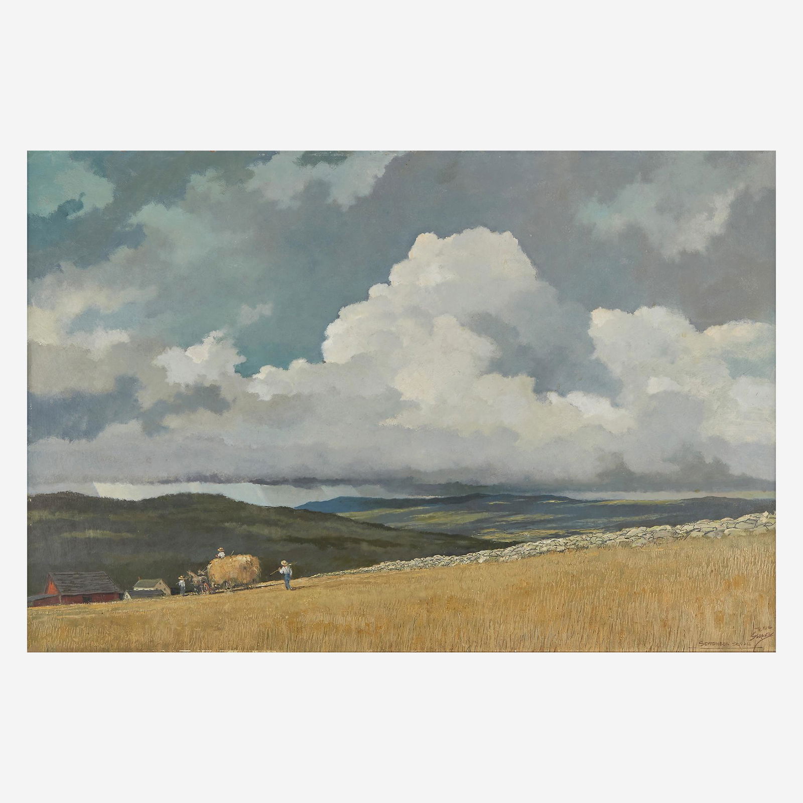 Eric Sloane (American, 1905–1985) September: Eric Sloane (American, 1905–1985) September Squall Titled (underlined) and signed 'ERIC/SLOANE' bottom right; also signed and located 'Cornwall Bridge/Connecticut' verso, oil on Masonite24 x 36