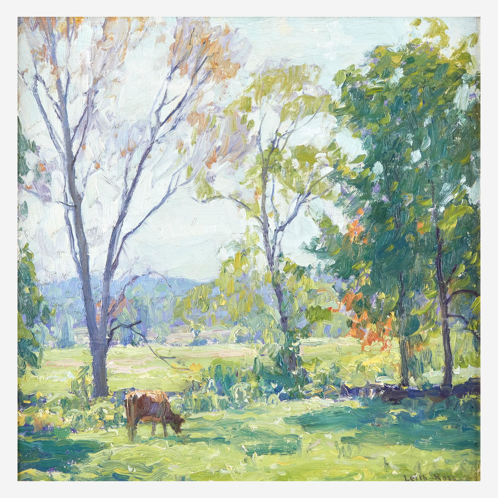 Harry Leith-Ross (American, 1886–1973) The Cow: Harry Leith-Ross (American, 1886–1973) The Cow Pasture Signed 'Leith-Ross' bottom right; also signed on upper stretcher verso, oil on canvas14 x 14 in. (35.6 x 35.6cm)Executed circa 1916. Prove