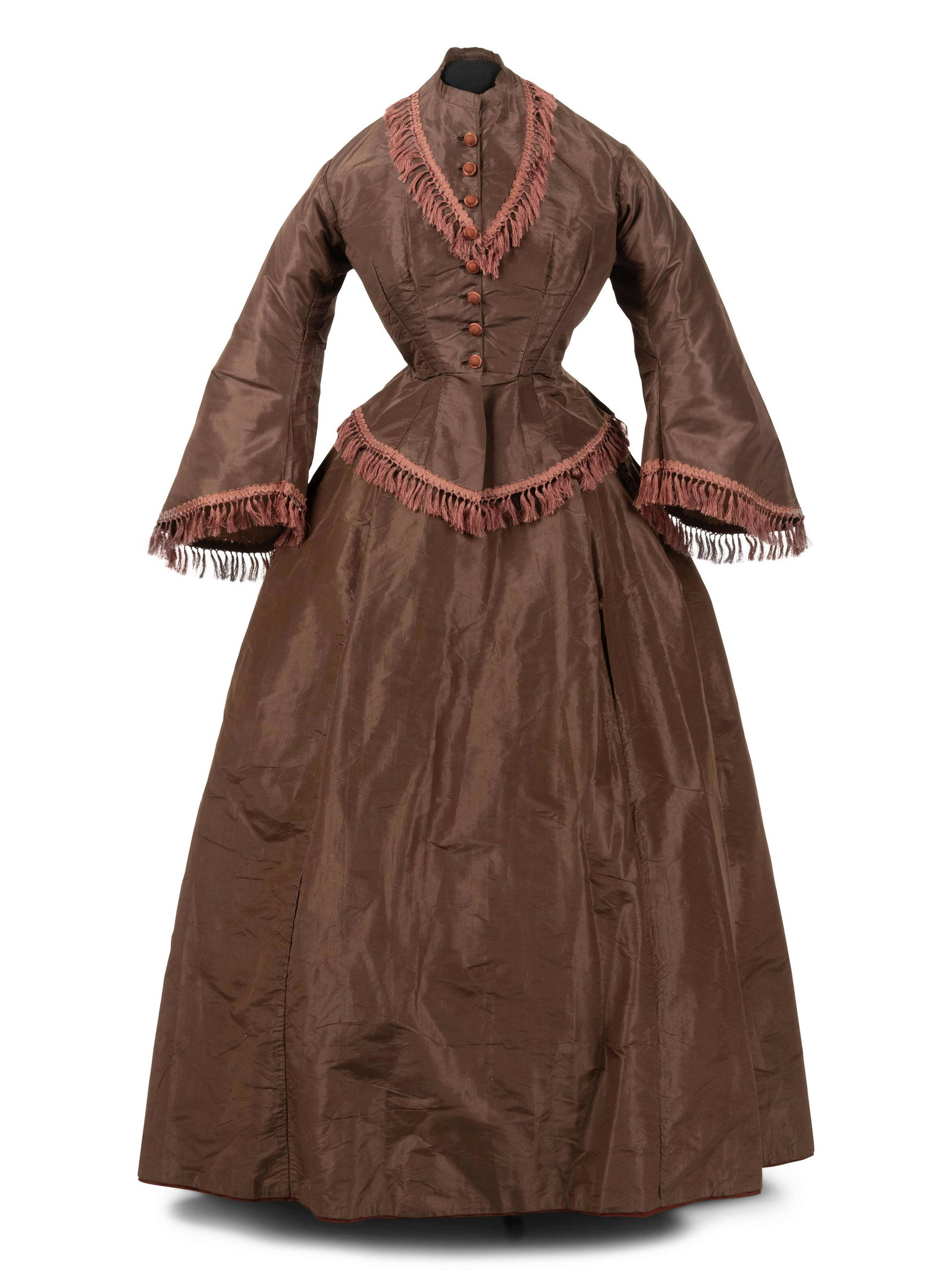 Silk Taffeta Two-Piece Dress Trimmed with Fringe, 1860s: Silk Taffeta Two-Piece Dress Trimmed with Fringe, 1860s This dress is from the Tasha Tudor Collection of the Colonial Williamsburg Foundation. Tasha Tudor (nee Starling Burgess, 1915-2008) was a write