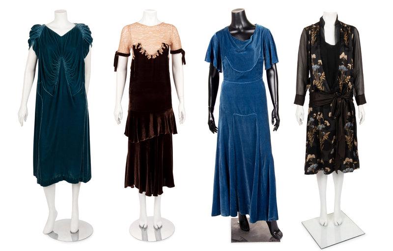 Four 1920-30s Dresses: Three Velvet, One Printed (1 of 16)