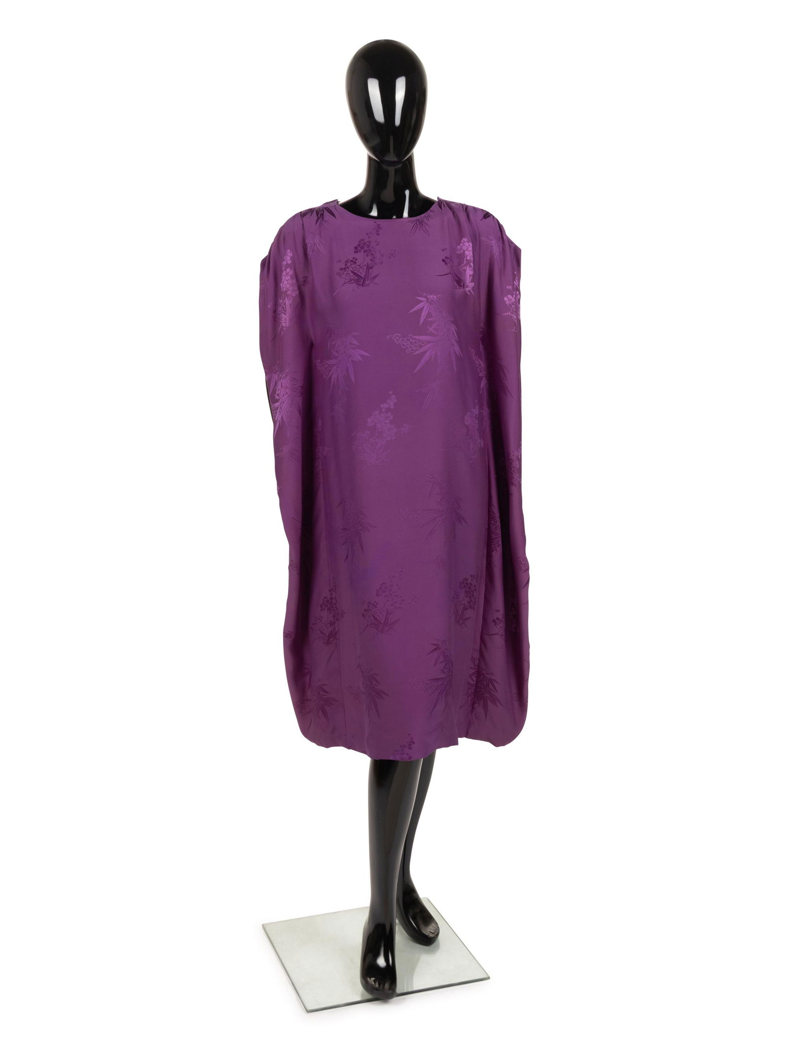 Givenchy Haute Couture Satin Jacquard Dress, 1960-80s: Givenchy Haute Couture Satin Jacquard Dress, 1960-80s Purple silk satin jacquard draped shift dress with floral patterned weave, wide scoop neckline, and gathered shoulders with folded draped sides. L