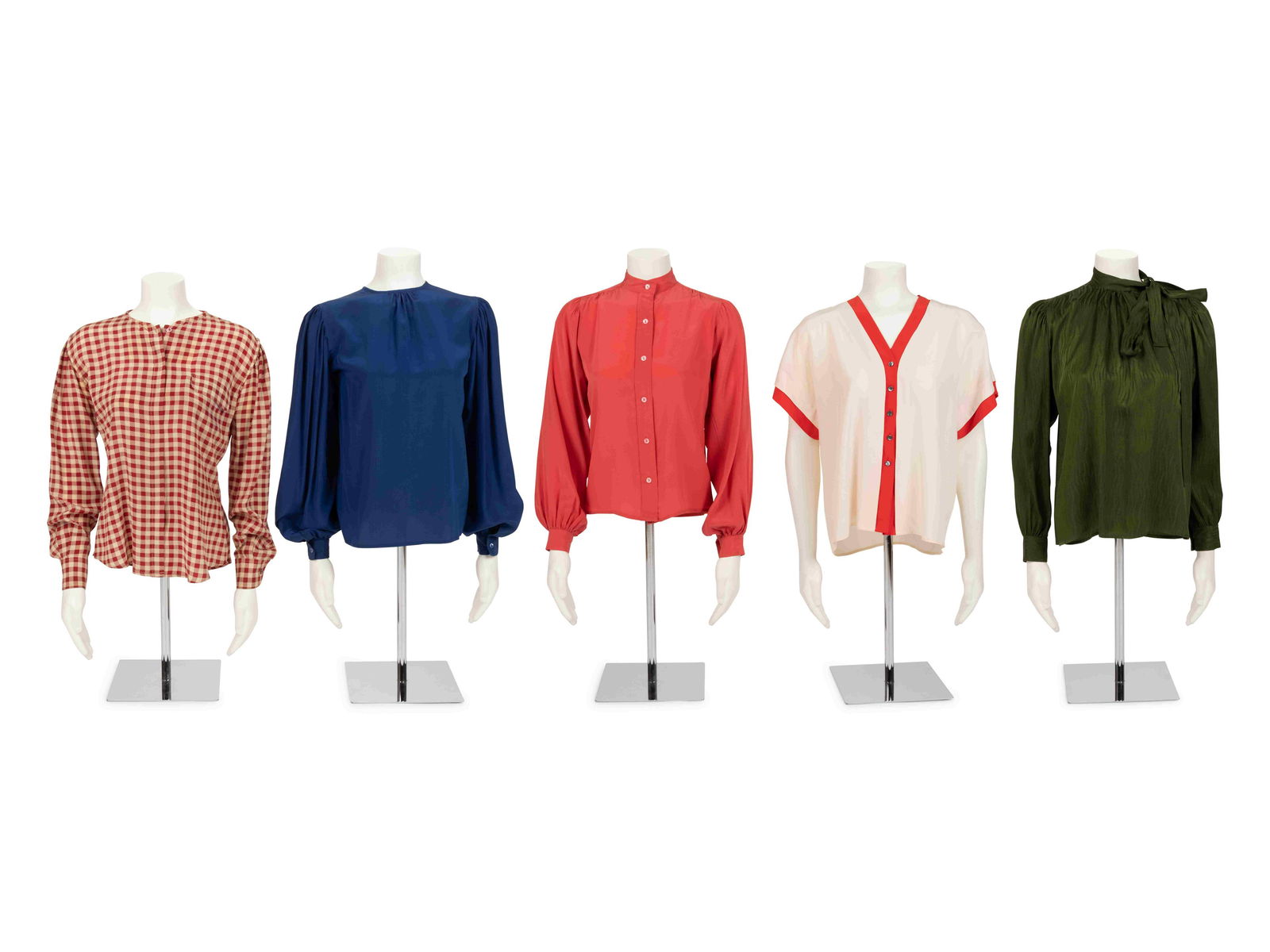 Five Silk Designer Blouses: One Chloe, One Giorgio: Five Silk Designer Blouses: One Chloe, One Giorgio Armani, and Three Yves Saint Laurent, 1980s This lot includes five blouses. THE FIRST Cream short sleeve kimono style top with V neckline, center fro