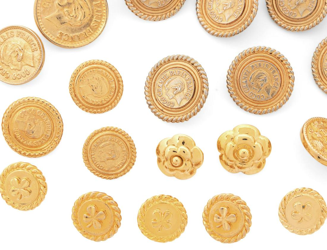 Collection of 86 Chanel Buttons, 1980-2000s: Collection of 86 Chanel Buttons, 1980-2000s This lot includes 86 buttons separated into two groups. THE FIRST 31 buttons with CC at center. All marked with 'Chanel' on backside. THE SECOND 55 buttons 