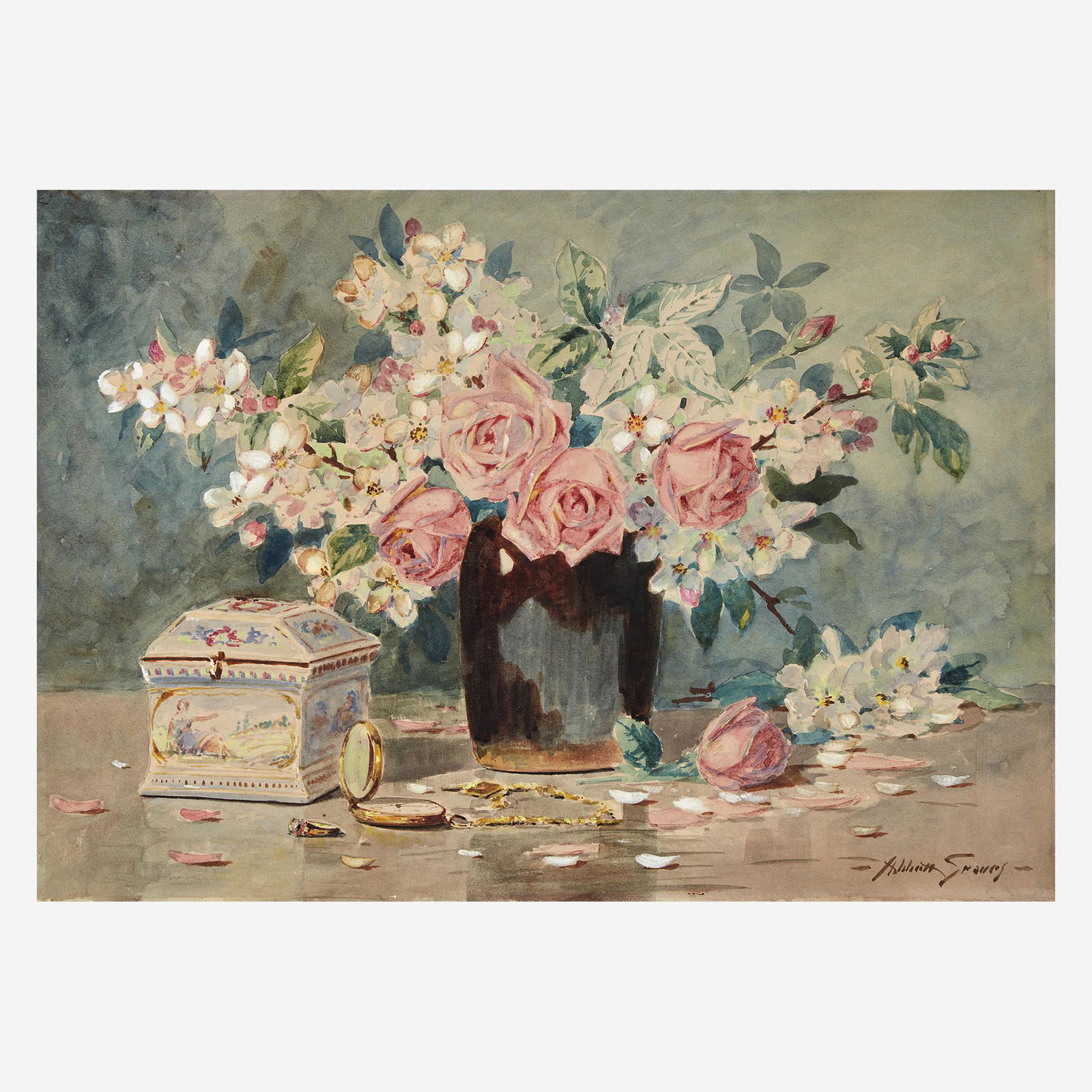 Abbott Fuller Graves (American, 1859-1936) Roses and: Abbott Fuller Graves (American, 1859-1936) Roses and Apple Blossoms Signed 'Abbott Graves' bottom right, watercolor and pencil on museum board (14 x 20 in. (35.6 x 50.8cm)) Provenance Private Col
