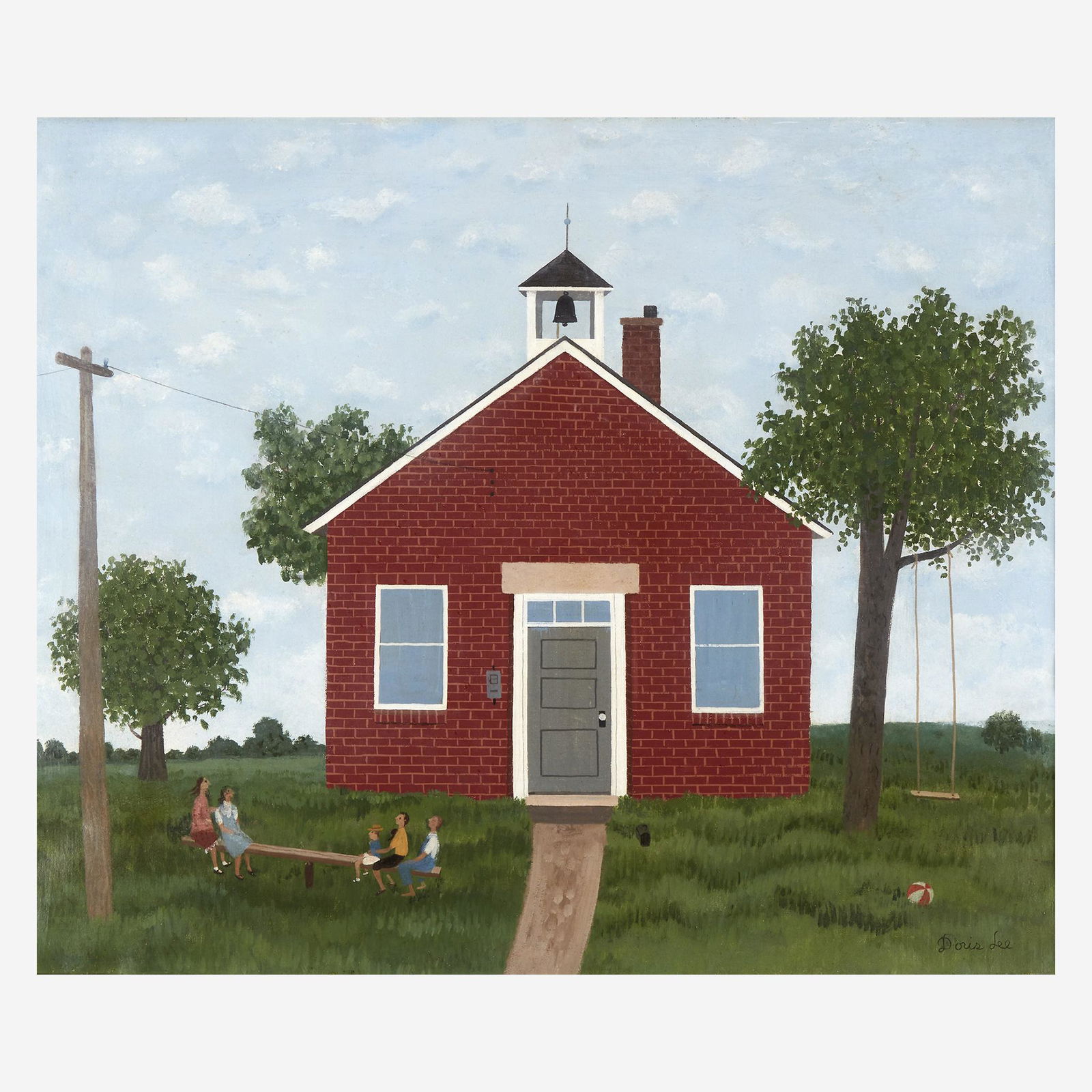 Doris Emrick Lee (American, 1905-1983) Country: Doris Emrick Lee (American, 1905-1983) Country Schoolhouse Signed 'Doris Lee' bottom right; also inscribed 'Country Schoolhouse Lee' on stretcher verso, oil on canvas (19 1/2 x 23 3/8 in. (49.5 x 59.4