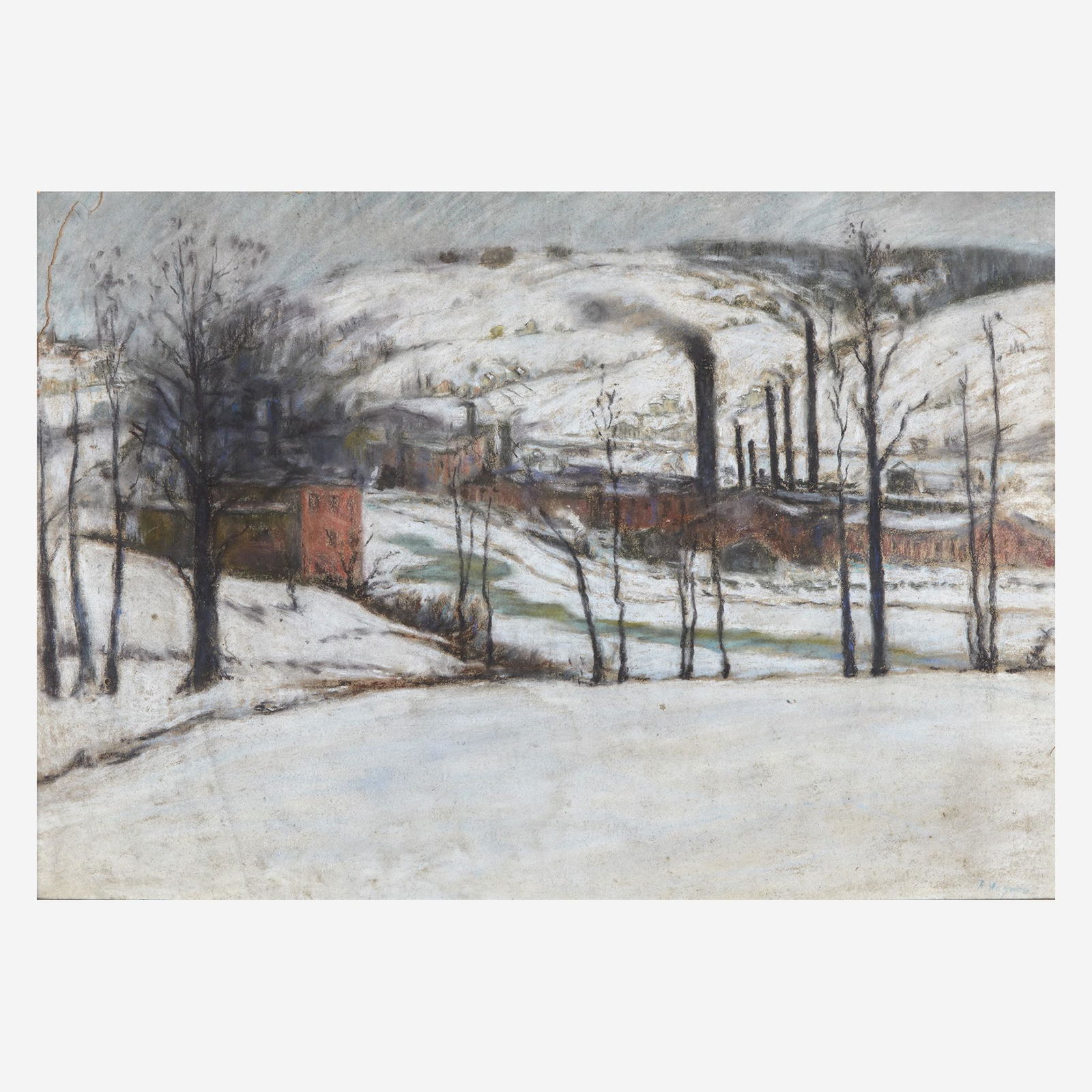 Frederick R. Wagner (American, 1864-1940) Factory in: Frederick R. Wagner (American, 1864-1940) Factory in the Snow Signed 'F. Wagner' bottom right, pastel on paper mounted to board (19 7/8 x 28 7/8 in. (50.5 x 73.3cm)) Provenance Collection of Jame