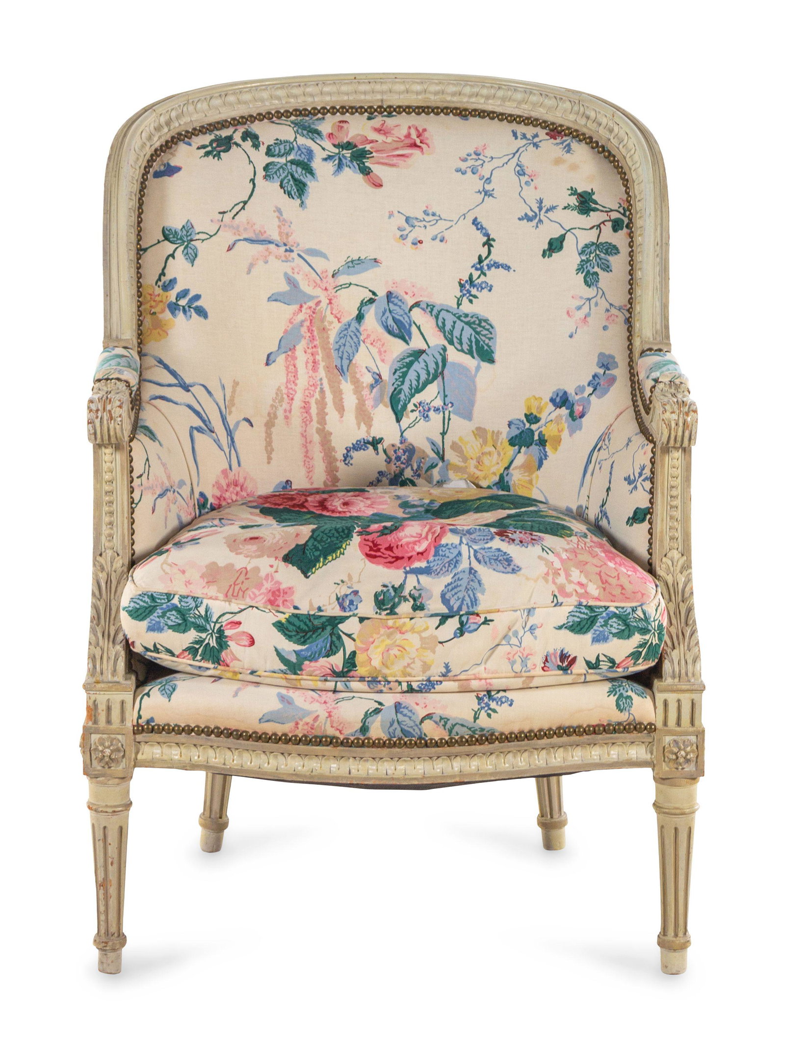 A Louis XVI Style Gray-Painted Bergere: A Louis XVI Style Gray-Painted Bergere 20th Century Height 36 x width 26 1/4 x depth 22 inches. Property from the Estate of John D. Fornengo, Chicago, Illinois