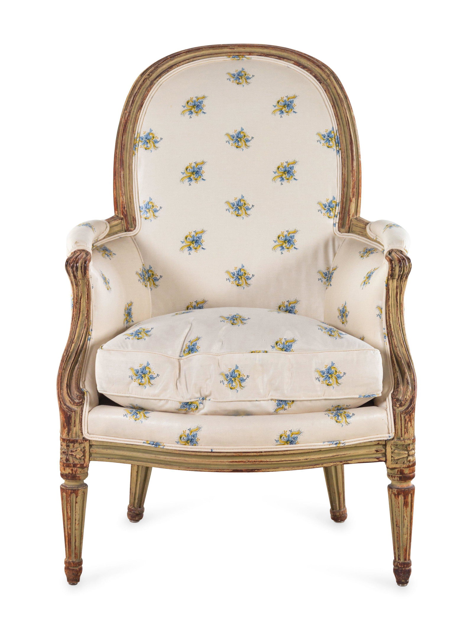 A Louis XVI Style Painted Bergere: A Louis XVI Style Painted Bergere Late 19th/Early 20th Century Height 36 x width 25 x depth 19 1/2 inches. Property from the Estate of John D. Fornengo, Chicago, Illinois Provenance: The Doris Duke Ch