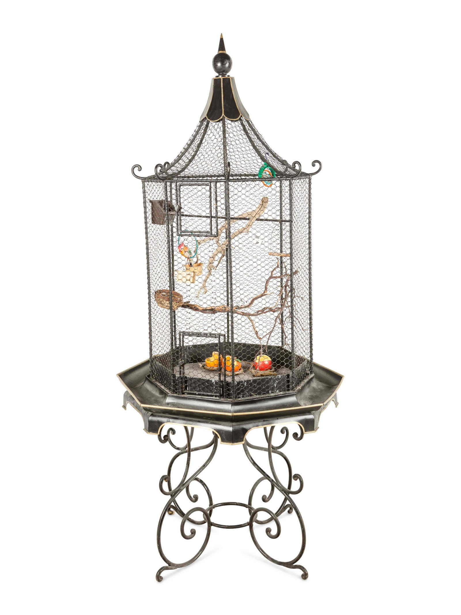 A Chinese Style Bird Cage and Stand: A Chinese Style Bird Cage and Stand 20th Century Height 75 inches x width 24 inches. Property from the Estate of John D. Fornengo, Chicago, Illinois