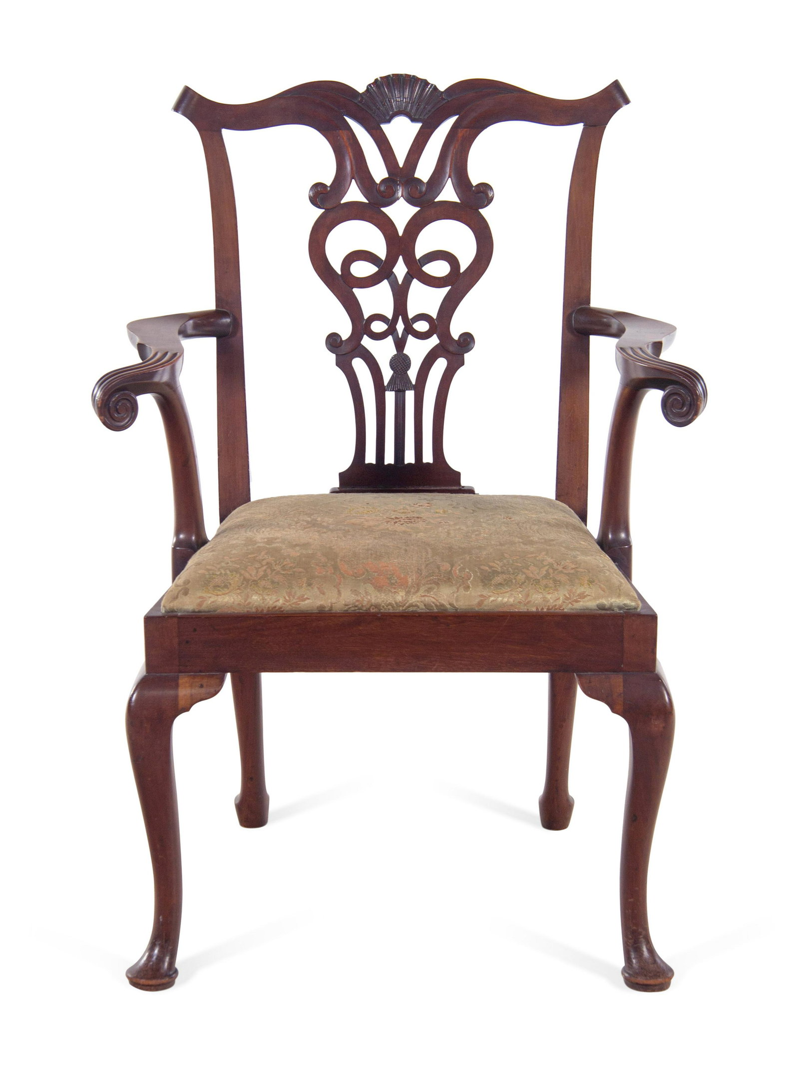 A Chippendale Style Shell-Carved Mahogany Armchair: A Chippendale Style Shell-Carved Mahogany Armchair 20th Century Height 39 x width 26 1/4 x depth 20 inches.