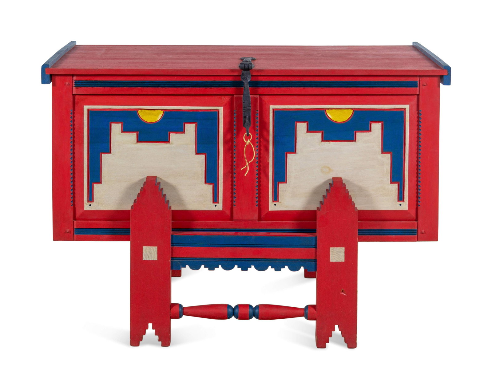 An American Southwest Painted Linen Chest on Stand: An American Southwest Painted Linen Chest on Stand 20th Century Width 50 1/2 x depth 22 3/4 inches. Property from the Estate of Patricia Ann Black Smyth, Santa Fe, New Mexico, Sold to Be