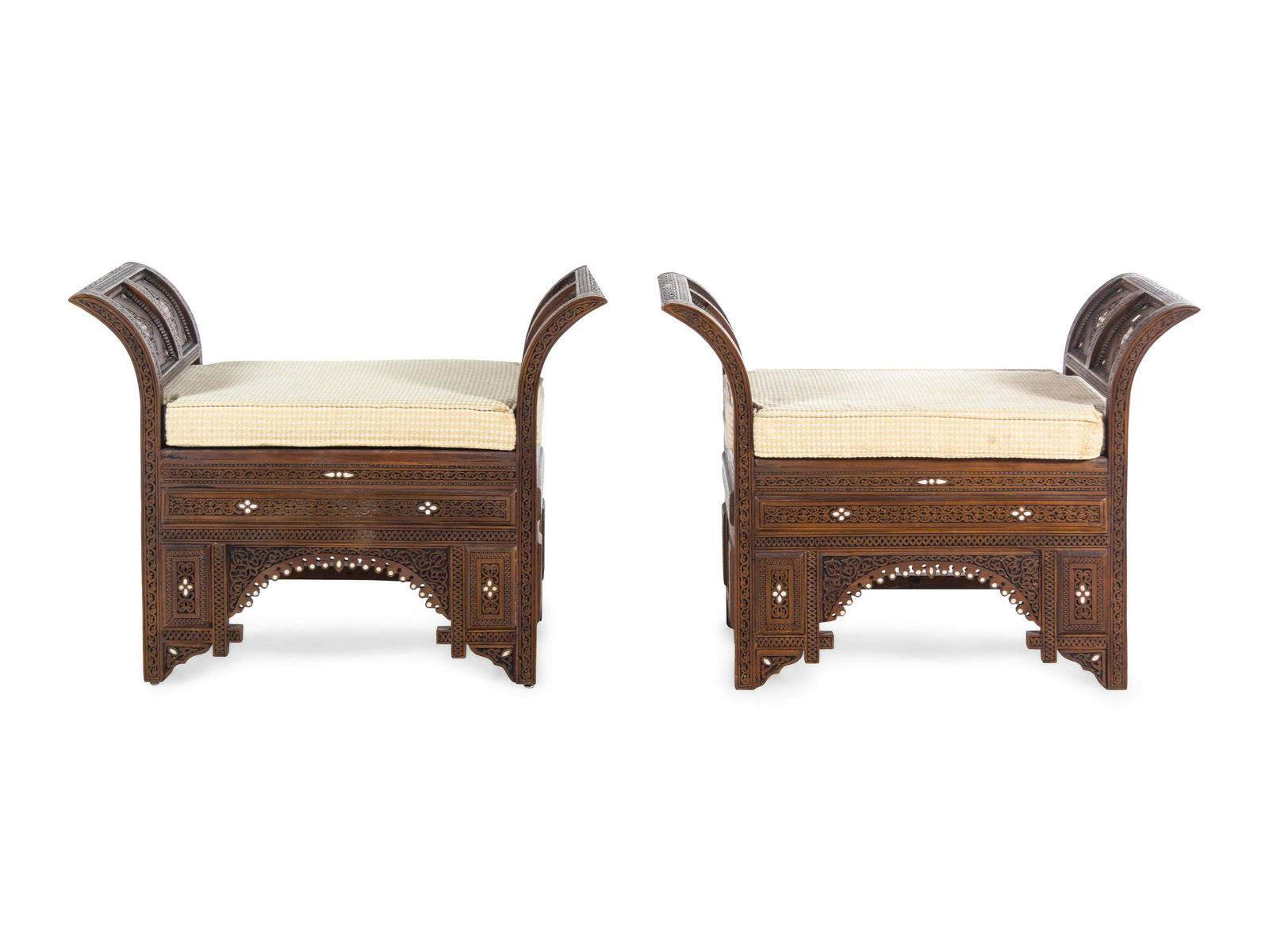A Pair of Syrian Mother-of-Pearl Inlaid Walnut Benches (1 of 3)