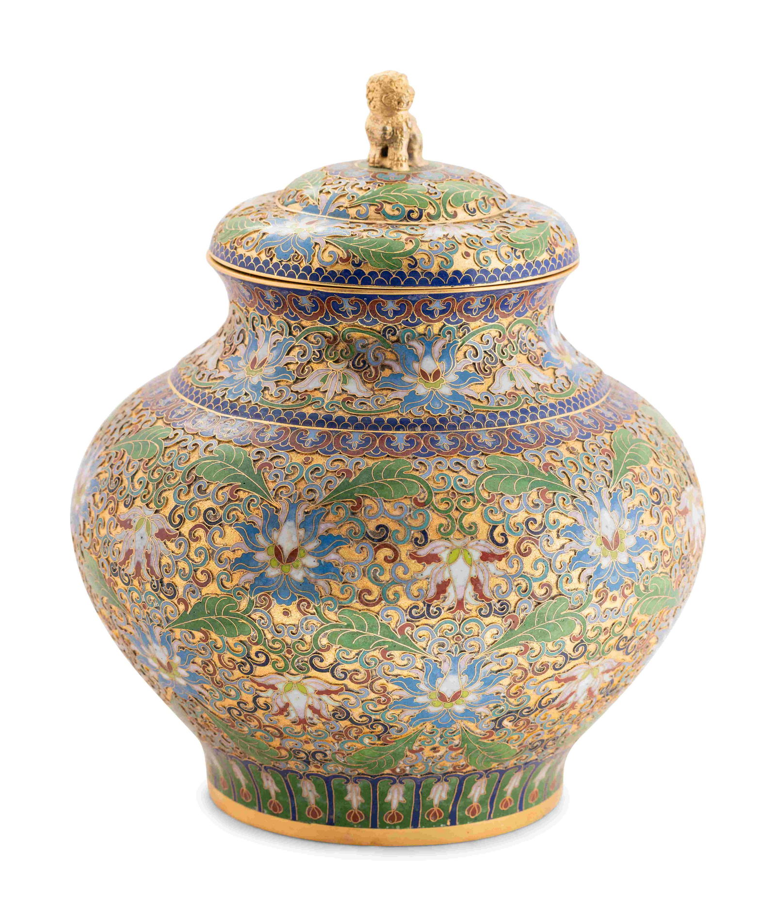 A Chinese Champleve Brass Covered Urn with a Temple (1 of 3)