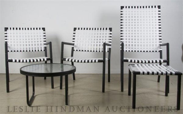 A Set of Brown Jordan Seating Furniture,: A Set of Brown Jordan Seating Furniture, comprising three charis and an ottoman, re-webbed, together with a glass inset side table.