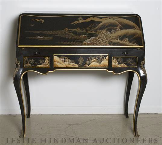 A Georgian Style Fall-Front Bureau, John Widdicomb: A Georgian Style Fall-Front Bureau, John Widdicomb, with Chinoiserie decoration throughout. Height 39 3/4 x width 42 1/4 depth 20 3/8 inches.