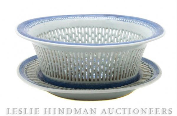 A Blue and White Canton Porcelain Oval Lattice Bow: A Blue and White Canton Porcelain Oval Lattice Bowl, together with underplate. Diameter 11 inches. Property from the Estate of Ernest Trova, St. Louis, Missouri