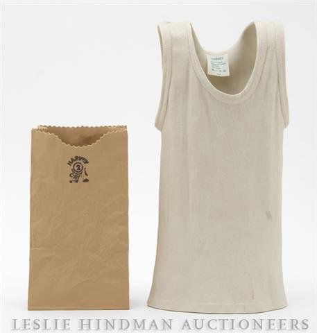 Two Ceramic Works by Harvey, Height of first 11 1/: Two Ceramic Works by Harvey, the first depicting a tanktop, the second a paper bag. Height of first 11 1/2 inches. Property from the Estate of Ernest Trova, St. Louis, Missouri