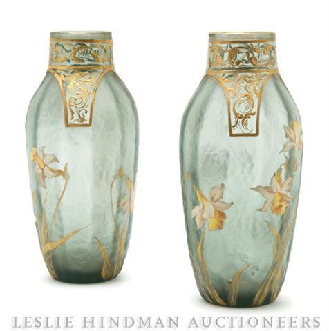 A Pair of Glass Enamel Vases, Height 8 inches.: A Pair of Glass Enamel Vases, having gilt decoration above enamel decoration of daffodils. Height 8 inches. Property from the Estate of Ernest Trova, St. Louis, Missouri