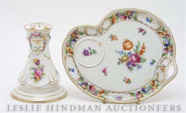 A German Porcelain Hat Pin Stand, Height of talles: A German Porcelain Hat Pin Stand, Dresden, together with asymmetrical tray, both with gilt and floral decoration. Height of tallest 5 3/8 inches. Property from the Estate of Ernest Trova, St. Louis, M