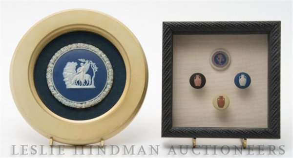 A Group of Wedgwood Jasperware Articles, Diameter: A Group of Wedgwood Jasperware Articles, comprised of one white on blue plaque depicting a figure with Pegasus, framed, together with a shadow box containing four small jasperware pulls and buttons. D
