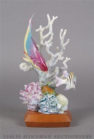 A Royal Worcester Figural Group, Sargent Major and: A Royal Worcester Figural Group, Sargent Major and Spanish Hog Fishes, designed by R. Van Ruyckevelt. Height 11 inches.