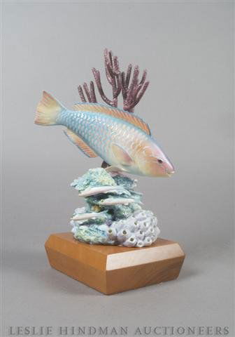 A Royal Worcester Rainbow Parrot Fish, Height 11 1: A Royal Worcester Rainbow Parrot Fish, designed by R. Van Ruyckevelt. Height 11 1/2 inches.