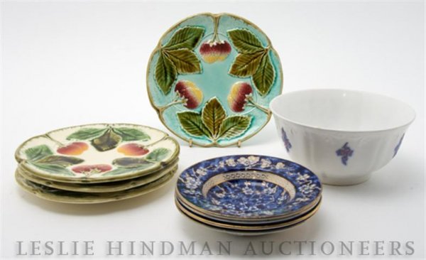 A Group of Four Majolica Plates,: A Group of Four Majolica Plates, decorated with strawberries, four blue and white bowls by Minton and an English bowl.